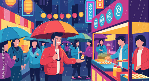 Rainy Night at a Colorful Street Food Market