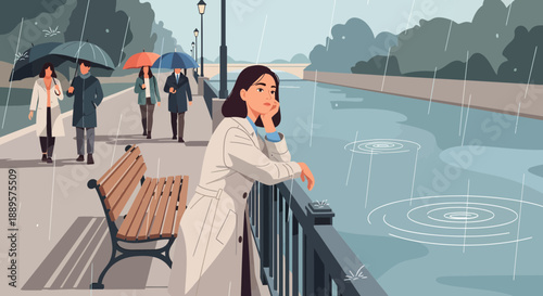 Woman on a rainy day by the river, lost in thought