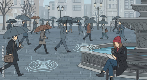 Woman sitting by fountain on rainy city street