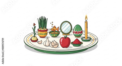 Traditional nowruz haft seen table setting with symbolic foods and objects on a decorative plate representing renewal and abundance