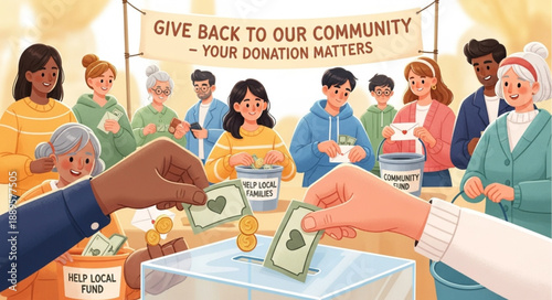 Diverse group of people donating to charity event.