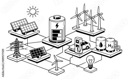 Hand drawn line art smart energy grid set featuring renewable sources, storage, and consumption points for sustainable technology