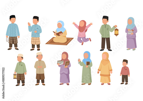 Ramadan Daily Life Character Illustration Set Showing Muslim People Praying Fasting Preparing Iftar Reading Quran and Social Activities in Warm Minimal Flat Style for Islamic Holiday Design Needs