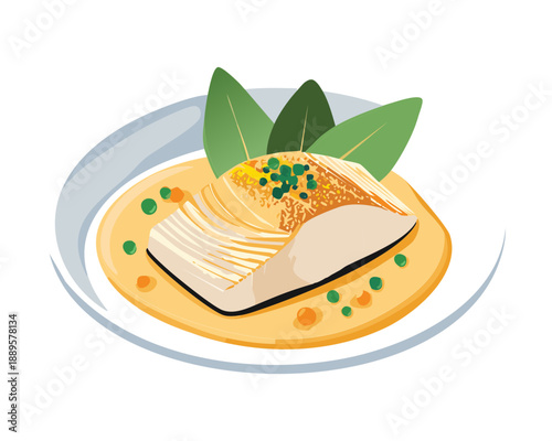 Steamed white fish fillet with orange sauce and fresh green herbs on a light blue plate - Vector Illustration