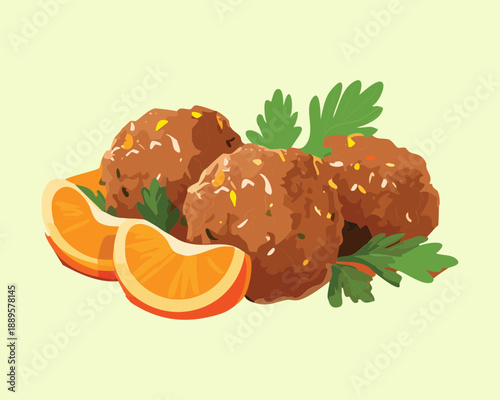 Fried meat balls or falafel served with orange citrus slices and fresh green parsley garnish - Vector Illustration