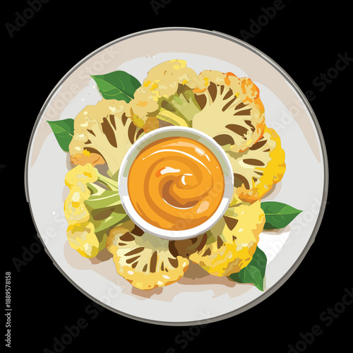 Plate of healthy roasted cauliflower florets with a creamy orange dipping sauce for a vegetarian snack - Vector Illustration