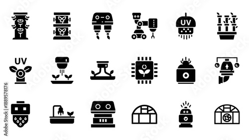Collection of ultraviolet light technology icons representing various applications and devices in a simple graphic format