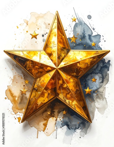 A shiny gold star on a white background with paint splatters