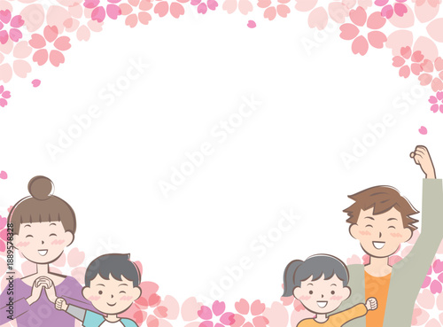 桜と喜ぶ家族のフレーム　親子　2世代