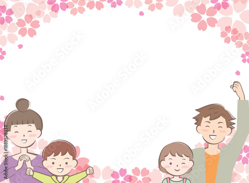 桜と喜ぶ家族のフレーム　親子　2世代