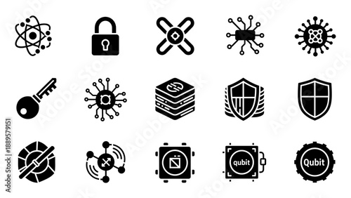 Collection of black security icons on white background