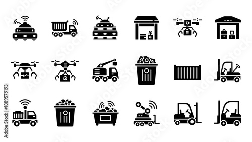 Collection of industrial icons representing warehouse and logistics operations in a simple black and white design