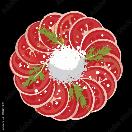 Elegant caprese salad arrangement with sliced tomatoes and fresh mozzarella cheese topped with herbs on a plate - Vector Illustration
