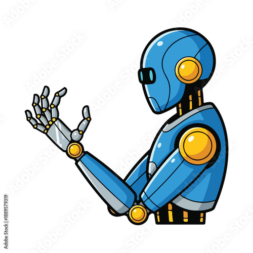 A blue robot with a gold accents