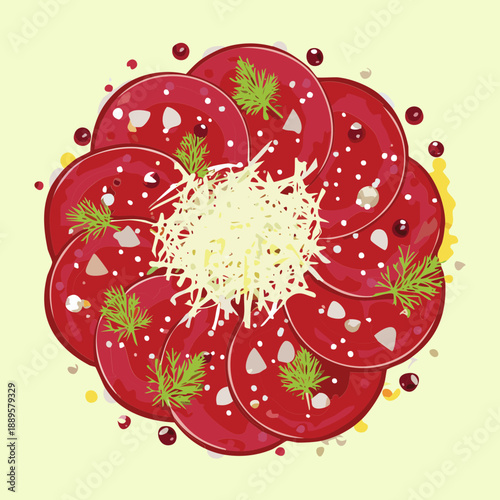 Fresh vegetable salad platter with sliced beets and tomatoes topped with grated parmesan cheese and fresh herbs - Vector Illustration