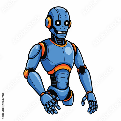 A blue robot with orange accents and a skull-like head