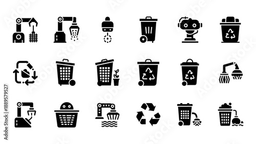 Collection of black icons representing waste management and recycling processes in an industrial setting viewed from directly above