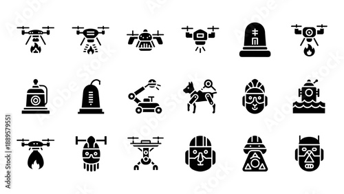 A collection of black icons representing various technology and machinery on a white background viewed from directly above