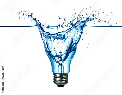 A lightbulb is encapsulated by water, frozen in a splash with a black background