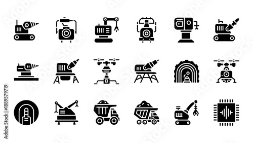 Collection of black construction icons on white background in vector format