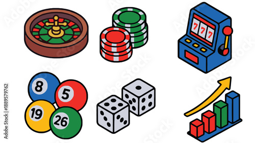 A colorful illustration of various casino and gaming elements on a white background