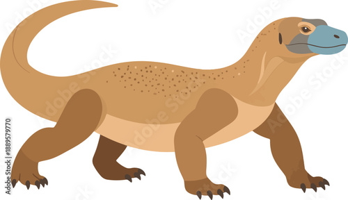 Cartoon illustration of a brown Komodo dragon or large lizard with a blue snout, walking on all fours.
