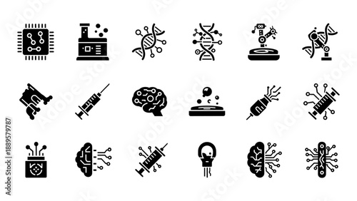 Scientific icons representing various aspects of research and experimentation in a simple, monochromatic style from a straightforward viewpoint.