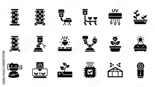 Collection of black icons representing various scientific and industrial processes with ultraviolet light applications