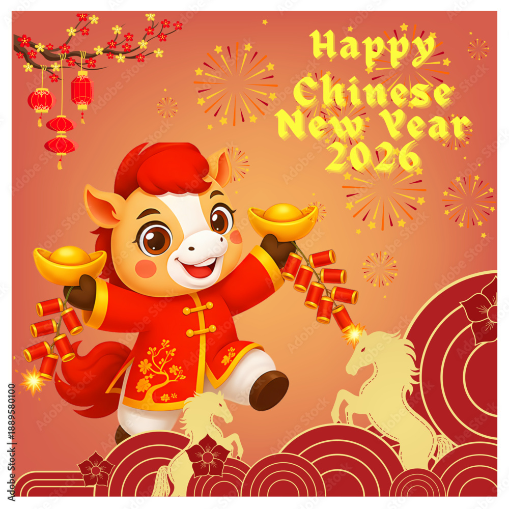 Fototapeta premium Chinese New Year, Lunar New Year, 2026, New Year, Card Greeting Background, Year of Horse