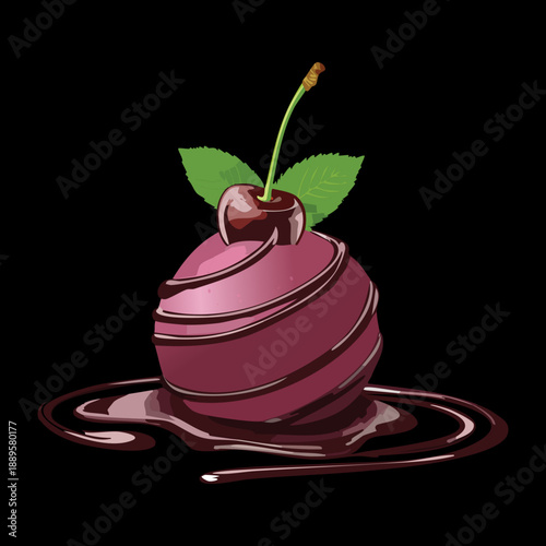 Dark chocolate dessert ball with cherry garnish and rich chocolate sauce for a decadent sweet treat - Vector Illustration