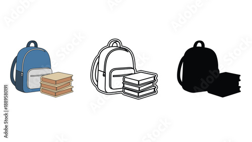Three backpacks with books in different colors on a white background