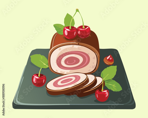Large chocolate Swiss roll with cream filling and cherry garnish served on a dark gray board - Vector Illustration
