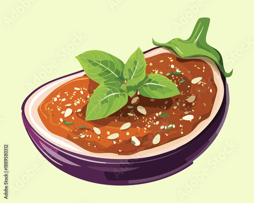 Roasted eggplant halves stuffed with savory tomato meat sauce and garnished with fresh green basil leaves - Vector Illustration