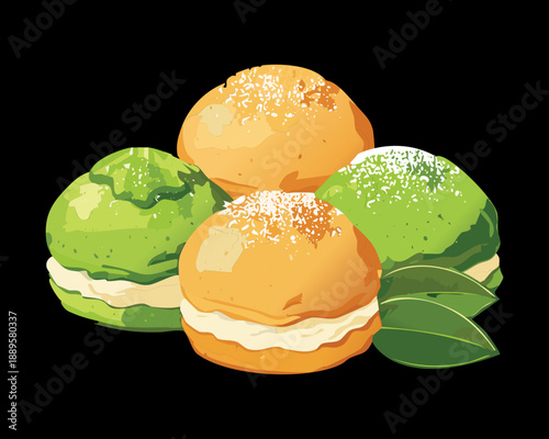 Mixed colored buns or snacks including green pandan and golden flavors served with fresh green leaves - Vector Illustration