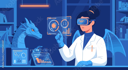 Scientist in lab with virtual reality headset and dragon