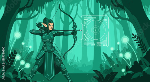 Elven archer aiming in futuristic forest with glowing targets