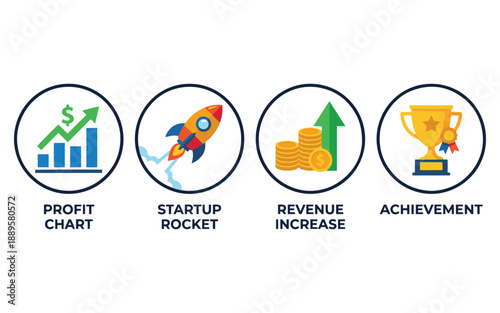 Business icons for profit growth and achievement in modern office