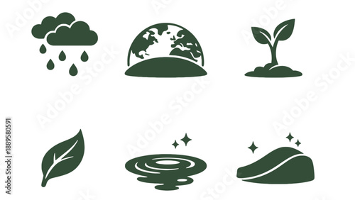 A collection of green eco icons on a white background for sustainability