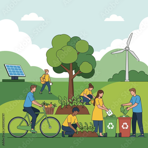 People engaging in eco friendly activities in green landscape with solar panel and wind turbine