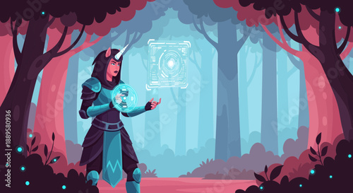 Fantasy Character with Glowing Orb in Enchanted Forest