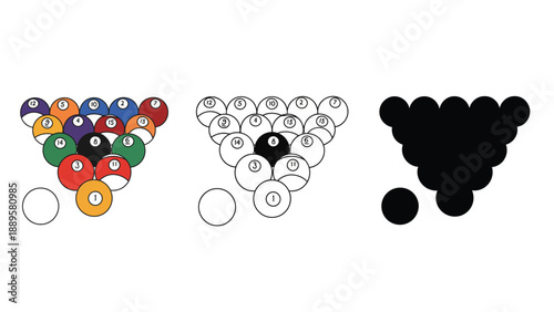 Three billiard ball rack variations: colorful, line art, and silhouette