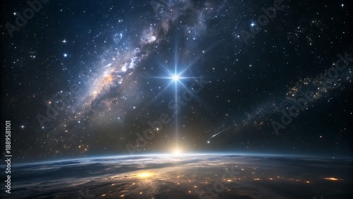 Cosmic galaxy with bright starlight illuminating dark space and milky way nebula over earth horizon at night