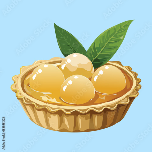 Sweet fruit tart with golden spheres and green leaves on a crispy golden pastry crust - Vector Illustration
