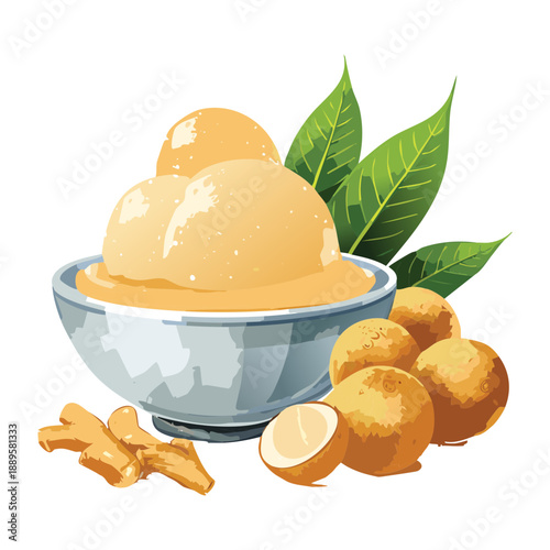 Creamy dessert bowl with fruit and nuts served for a sweet and healthy snack treat - Vector Illustration