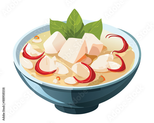 Healthy soup bowl with tofu and vegetables garnished with fresh green herbs for dinner meal - Vector Illustration