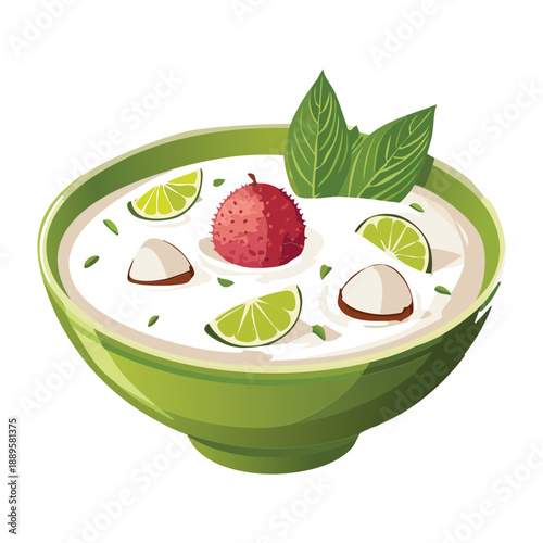 Green bowl of creamy soup with lychee and herbs for a healthy and nutritious meal - Vector Illustration