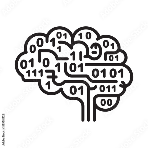 a black and white illustration of a brain with binary code