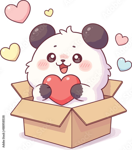 Adorable kawaii panda character with rosy cheeks sitting in a cardboard box and holding a red heart.