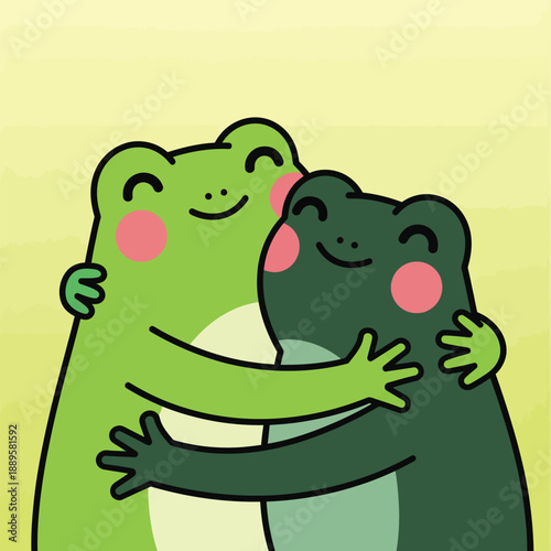 Adorable light and dark green cartoon frogs embracing with happy smiles and rosy cheeks.