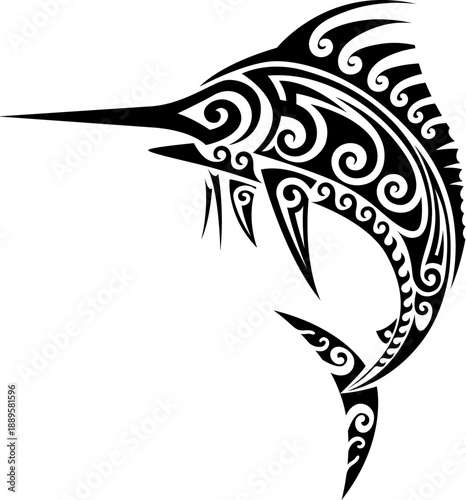 Maori swordfish animal tribal graphic tattoo or print. New Zealand ethnic black print, Samoan tribal folk decoration. Maori tribe graphic tattoo